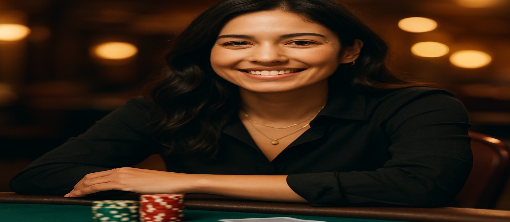 একটি হাসিখুশি নারী গেমিং প্ল্যাটফর্মের কার্ড টেবিলের সামনে দাঁড়িয়ে, সামনে চিপ ও কার্ডসহ bet177-এ বিস্তৃত খেলার সম্ভারের সিলেকশন প্রস্তাব করেন