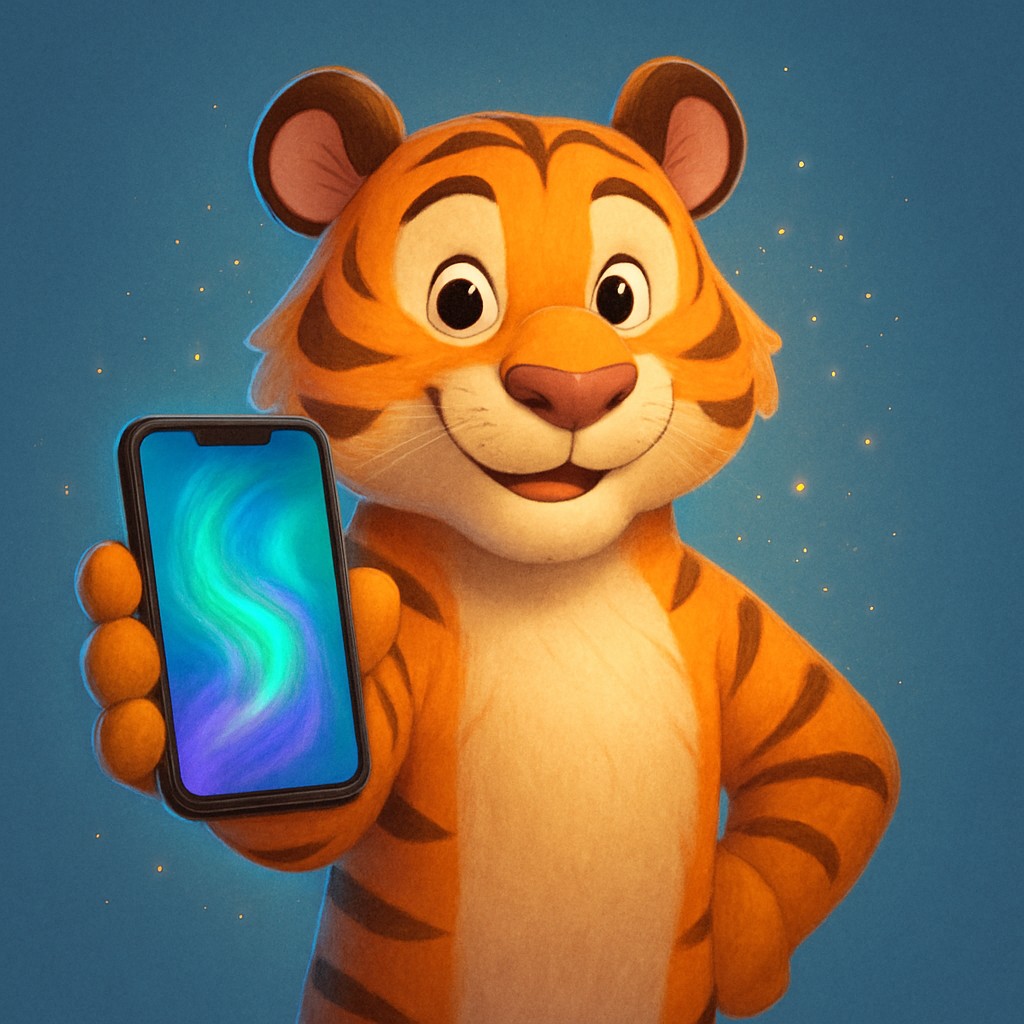 স্মার্টফোনে bet177 অ্যাপ ব্যবহার করছে একটি কার্টুন বাঘশাবকের দৃশ্য