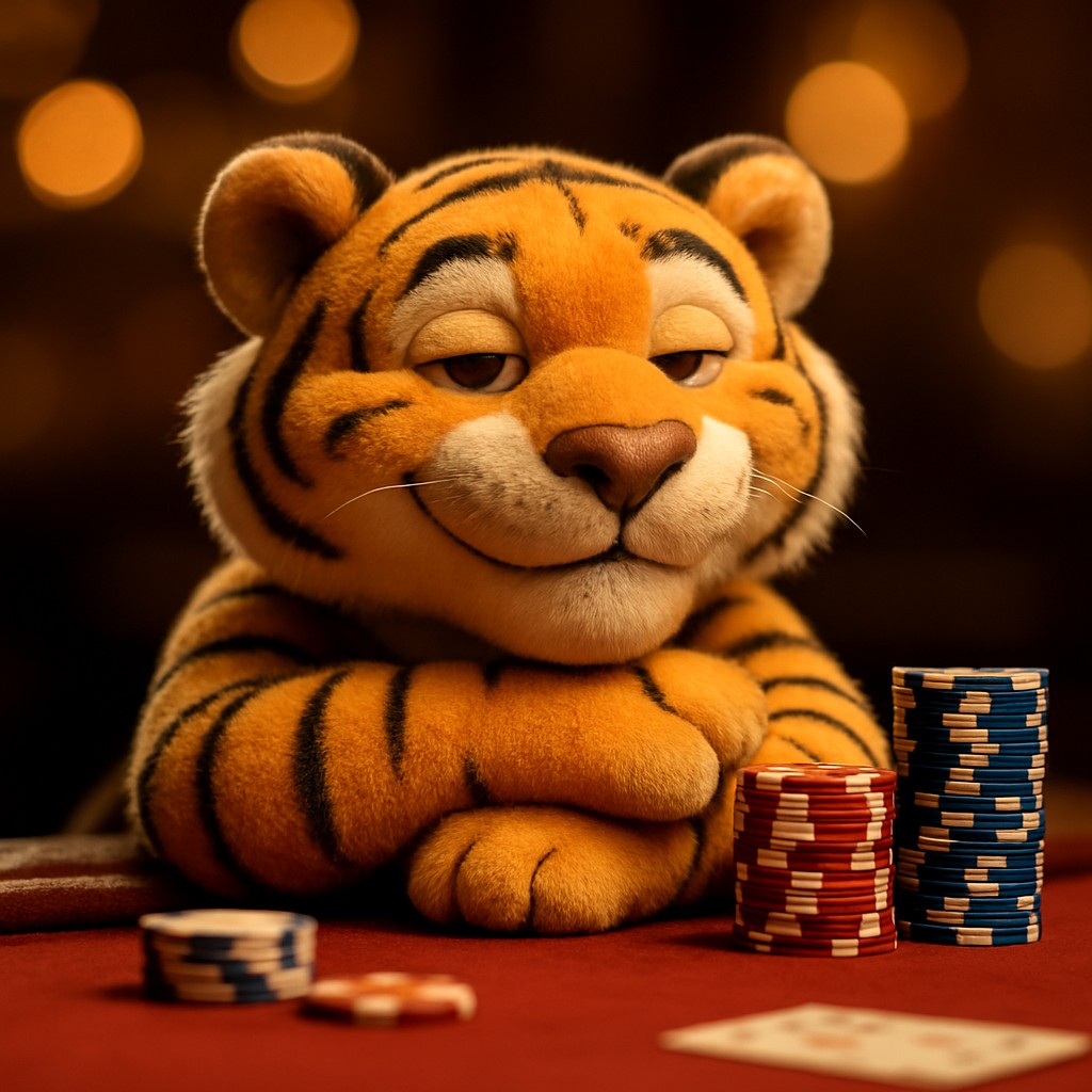 bet177 গেমিং প্ল্যাটফর্মে হাসিখুশি টাইগার শাবকটি একটি বিনোদনমূলক খেলার মঞ্চে বসে আছে
