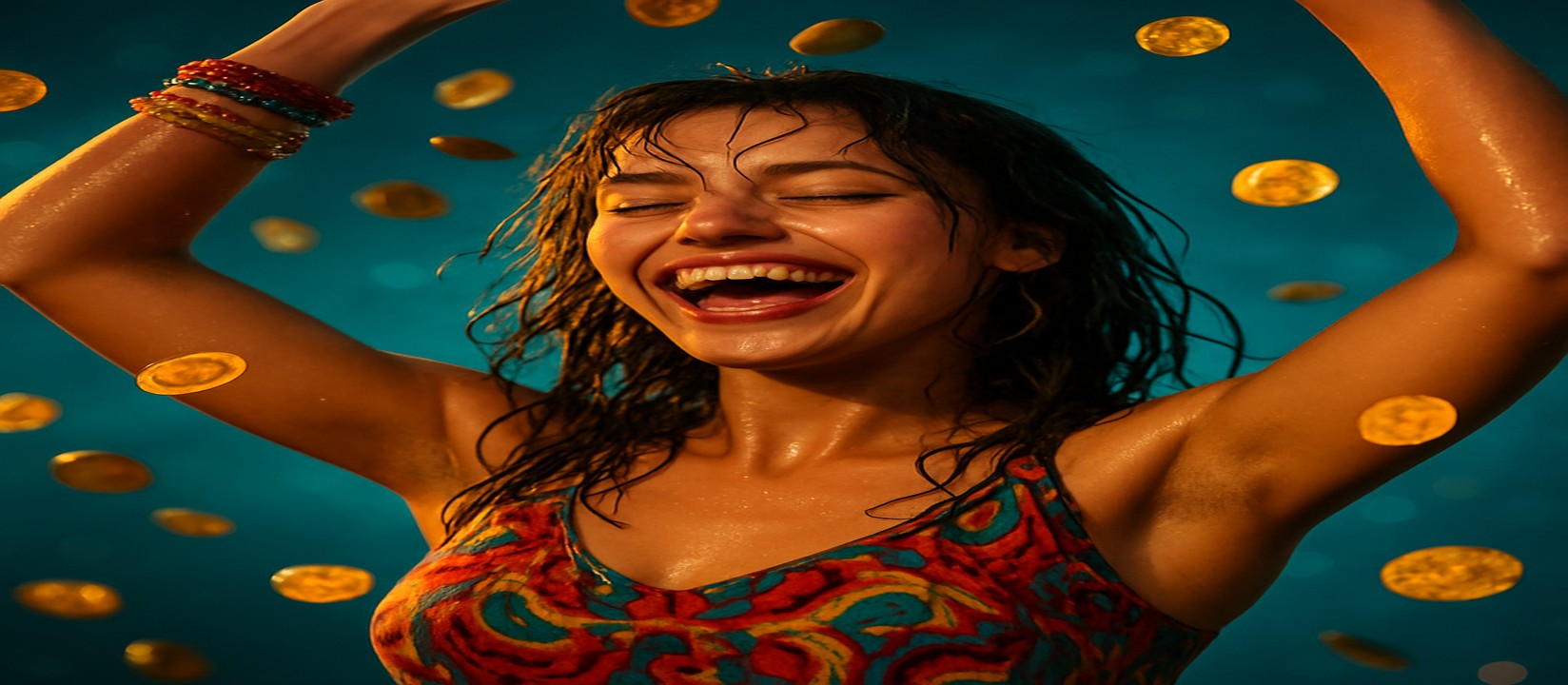 bet177 এর মুদ্রার ঝরনায় রঙিন পোশাকে একজন নারী